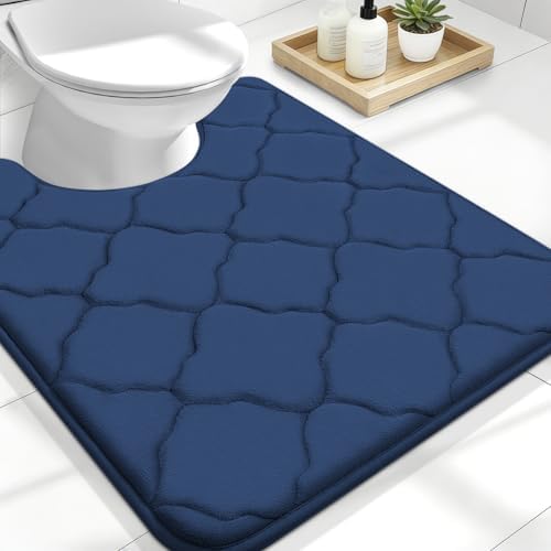 OLANLY Memory Foam Toilet Rugs U-Shaped 24x20, Ultra Soft and Absorbent Bathroom Rugs, Non-Slip, Comfortable, Machine Washable Contour Bath Mat for Toilet Base, Home Decor Accessories, Navy