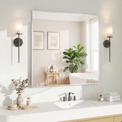 Koonmi Silver Rectangle Wall Mirror, 30x30 Inch Bathroom Mirror, Aluminum Frame Vanity Mirror for Entryway, Living Room, Bedroom Bathroom, Hangs Horizontally or Vertically