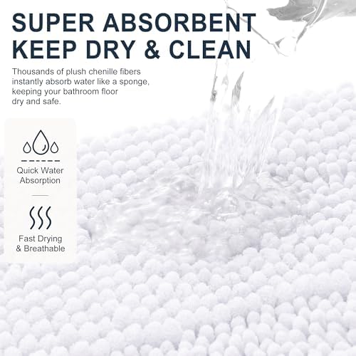 Smiry Thick Chenille Large Bathroom Runner Rugs 50x30, Soft Bath Mat, White