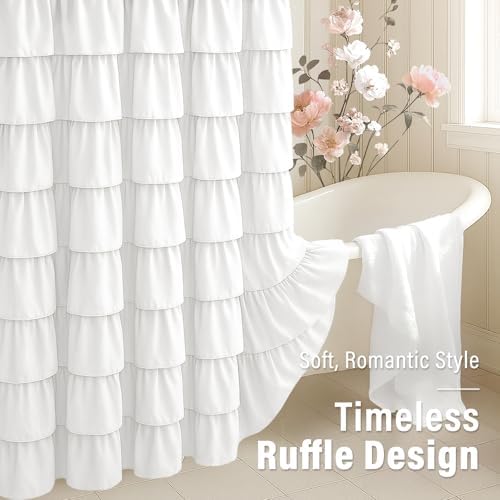 White Ruffle Shower Curtain Farmhouse Style Shower Curtain, 72" x 72"