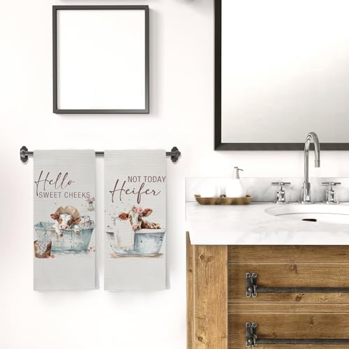 Hello Sweet Cheeks Cow Bathroom Hand Towels, Funny Farmhouse Animal Heifer Bathing Decorative Hand Towels for Bathroom Washroom Toilet Restroom, 16x24 Inch Set of 2