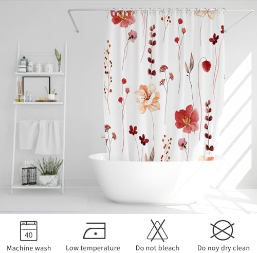 Gibelle Red Linen Shower Curtain, Floral Curtain for Bathroom, 72x72