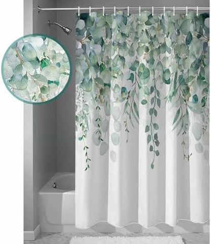 Shower Curtain Bathroom Set Green Eucalyptus Leaf on White Waterproof Shower Curtains with Grommets Hooks Fallen Leaves Watercolor Privacy Bath Curtain for Bathtub Decor 72x78in