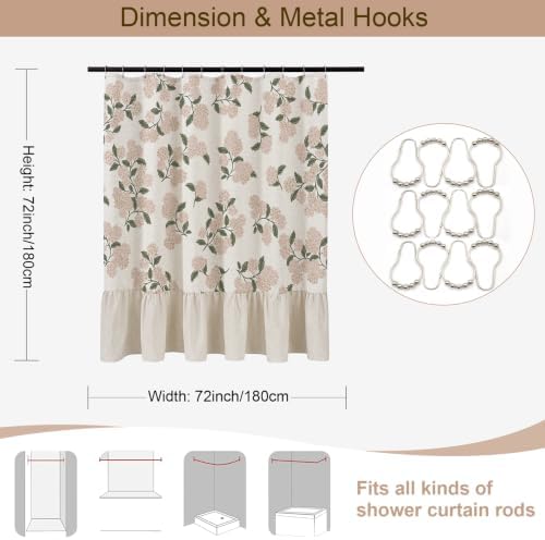 ORTIGIA Linen Textured Ruffle Shower Curtain with Metal Hooks, Vintage Light Pink Hydrangea Floral Boho Waterproof Bath Curtain for Rustic Farmhouse Bathroom Decor 72x72 Inch