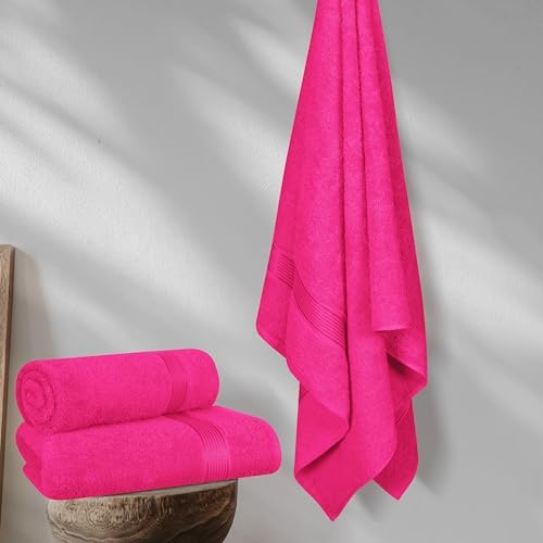 Belizzi Home Cotton 2 Pack Oversized Bath Towel Set 28x55 inches, Large Bath Towels, Ultra Absorbant Compact Quickdry & Lightweight Towel, Ideal for Gym Travel Camp Pool - Hot Pink
