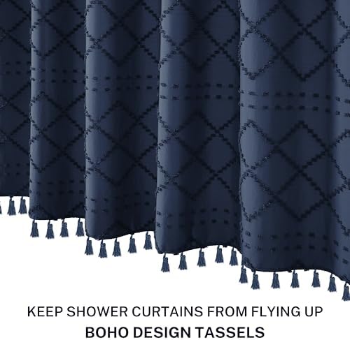 Siiluminisoy Navy Blue Shower Curtain Boho Shower Curtains Fabric, Tufted Chevron Textured Striped Modern Minimalist Cloth Shower Curtain for Bathroom, 72 x 72