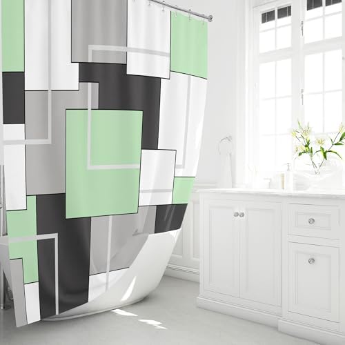 BTTN Mint Green Modern Geometric Waterproof Fabric Shower Curtain, 72 x 72