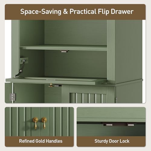 RALGEND 66" Tall Bathroom Storage Cabinet with Flip Drawer, Freestanding Storage Cabinet with Doors & Shelves,Arched Cabinets for Bathroom, Living Room, Kitchen, Laundry, Green