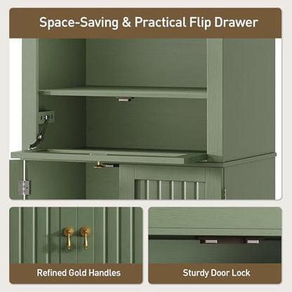 RALGEND 66" Tall Bathroom Storage Cabinet with Flip Drawer, Freestanding Storage Cabinet with Doors & Shelves,Arched Cabinets for Bathroom, Living Room, Kitchen, Laundry, Green