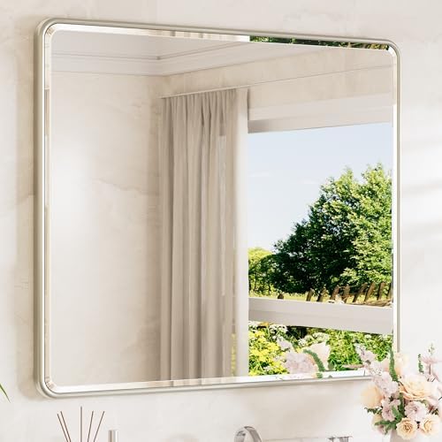 TETOTE Brushed Nickel Mirrors for Over Sink 42 x 36 Beveled Edge Tempered Glass, Rounded Corner Rectangle Framed Mirror for Modern Bathroom, Living Room, Bedroom, Entryway