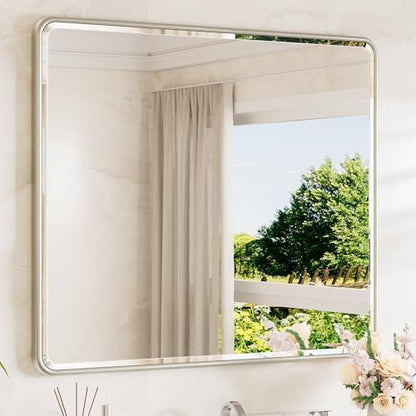 TETOTE Brushed Nickel Mirrors for Over Sink 42 x 36 Beveled Edge Tempered Glass, Rounded Corner Rectangle Framed Mirror for Modern Bathroom, Living Room, Bedroom, Entryway