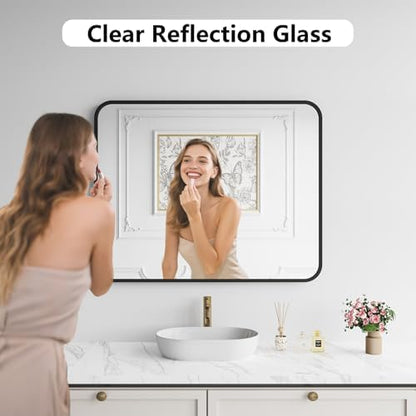 Koonmi Bathroom Mirror, 32X40 Brushed Black Metal Framed Wall-Mounted Mirror for Over Sink, HD Tempered Glass, Anti-Rust, Rounded Rectangle Mirror for Restroom, Bedroom, Hangs Horizontal or Vertical