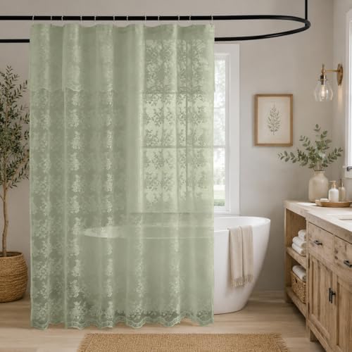 TUDECO Sage Green Shower Curtain with Attached Valance, 72 x 72, 1 Panel