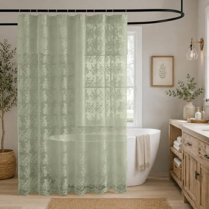 TUDECO Sage Green Shower Curtain with Attached Valance, 72 x 72, 1 Panel