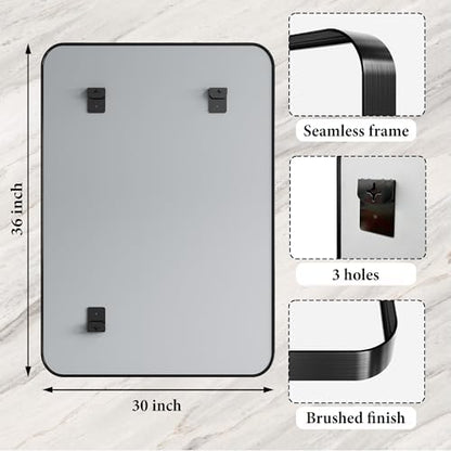 30x36 Inch Black Metal Framed Bathroom Mirror for Wall, HD Tempered Glass