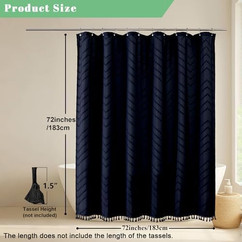 OWENIE Boho Shower Curtain, Navy Blue Fabric Cloth Shower Curtains Farmhouse Tufted Chevron Striped Textured with Tassel for Bathroom, Soft Hotel Style Modern Minimalist, Machine Washable, 72x72