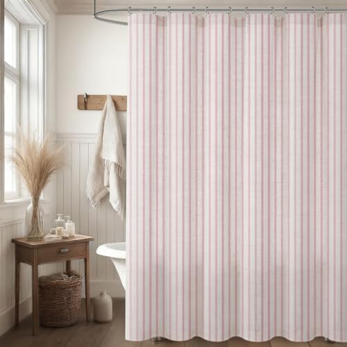 Farmhouse Striped Shower Curtain Pink Vintage Linen Curtain 72"W X 72"L