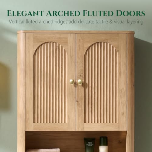 Bathroom Fluted Arched Wall Cabinet, 23.6''W Wood Medicine Cabinet, Natural
