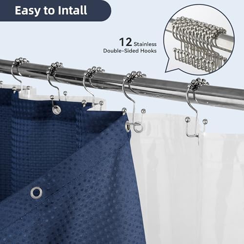 Shower Curtain and Liner Set, 3 in 1 Waffle Shower Curtain Set with 12 Double Sided Shower Curtain Hooks, Fabric Shower Curtains for Bathroom, Navy Blue, 72 x 72
