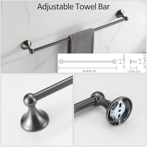 BGL Bathroom Hardware Set Grey Electroplating 4-Piece Bathroom Accessories Set Wall Mounted Adjustable Towel Bar Robe Hook Toilet Paper Holder Towel Ring Glossy Grey