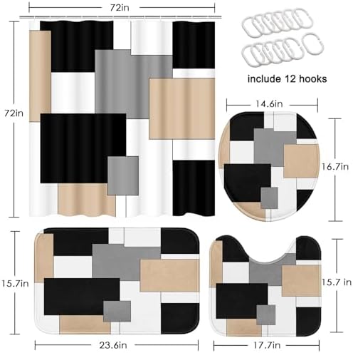 Bathroom Sets with Shower Curtain and Rugs, 4 Pcs, Geometric Beige