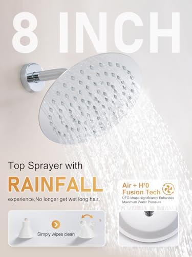 Woindo Shower Faucet Set 10" Rain Shower Head/8'' Side Shower Head and 3 Setting Handheld Ceiling Mount 3 Push Button Diverter Complete Rainfall Round Shower System Included Valve Trim Kit