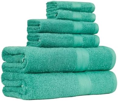 Amazon Basics 6-Piece Oversized Fade-Resistant Towel Set, 100% Cotton, Highly Absorbent, Soft, Teal, 2 Bath Towels, 2 Hand Towels, 2 Washcloths