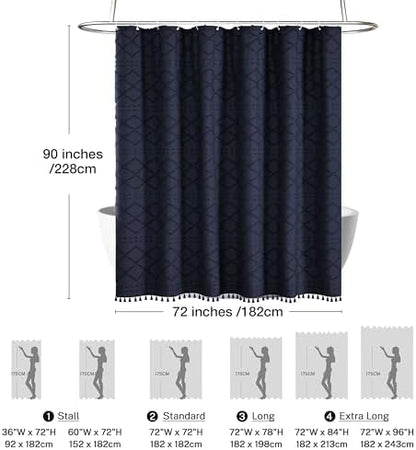 Siiluminisoy Extra Long Boho Shower Curtain with Tassels 72 x 90, Navy Blue