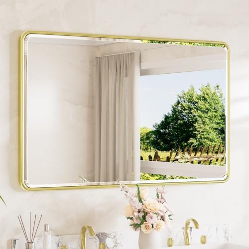 TETOTE Brushed Gold Mirrors for Over Sink 48 x 30 Beveled Edge Tempered Glass, Rounded Corner Rectangle Framed Mirror for Modern Bathroom, Living Room, Bedroom, Entryway