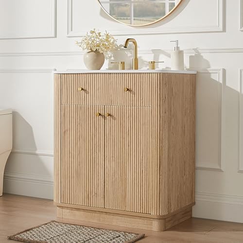 T4TREAM 30" Fluted Bathroom Vanity with Single Sink, Natural Oak