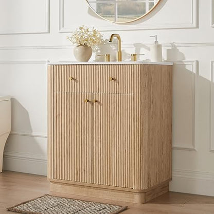 T4TREAM 30" Fluted Bathroom Vanity with Single Sink, Natural Oak