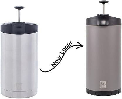 BruTrek® by Planetary Design Steel Toe 3.0 Travel Coffee Press - Brew 20 fl.oz On The Go - No Spill Lid, Double Wall Vacuum Insulated Stays Hot for Hours, French Press Coffee (Storm Gray)