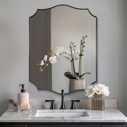 ANDY STAR 22x30 Inch Matte Black Bathroom Mirror, Scalloped Wall Mirror