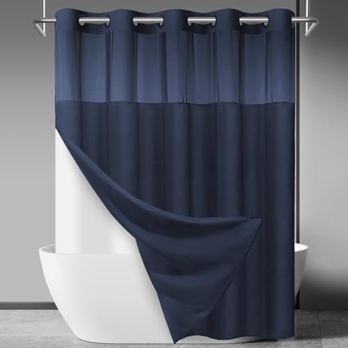 SORTTO No Hook Slub Shower Curtain with Liner, 71x80, Navy