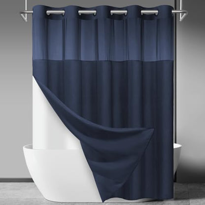 SORTTO No Hook Slub Shower Curtain with Liner, 71x80, Navy