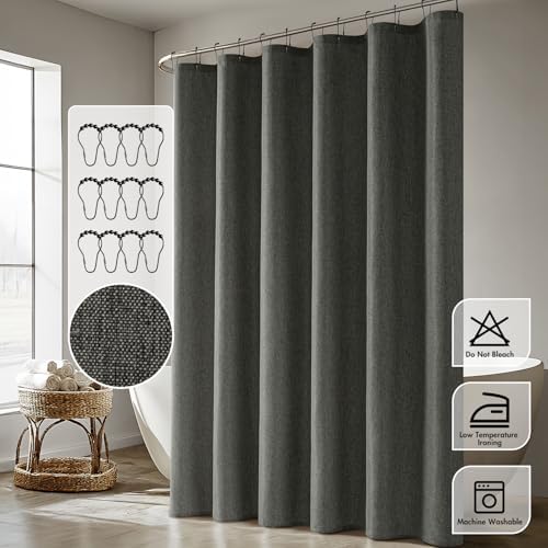 ANRODUO Dark Grey Linen Textured Fabric Shower Curtain Set - W72xL84