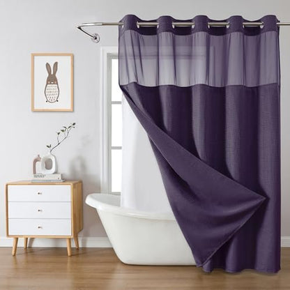 eachope No Hook Waffle Shower Curtain with Snap-in Liner, 71x74 Inch,Purple