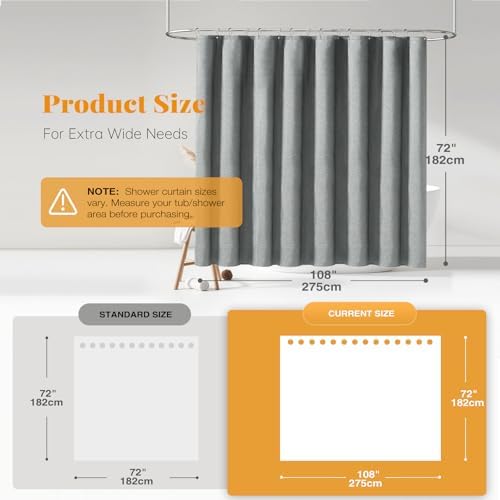 BTTN 108x72 Linen Textured Waterproof Cloth Shower Curtain Set, Grey/Gray