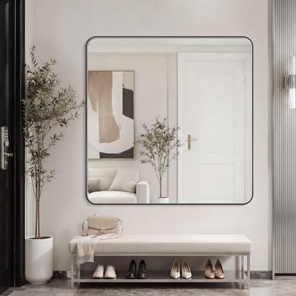 Bathroom Mirror 40"x40" Matte Black Rectangle Bathroom Wall Mirror for Over Sink, Modern Large Vanity Mirror, HD Tempered Glass, Anti-Rust Aluminum Alloy Frame, for Living Room, Bedroom, Entryway