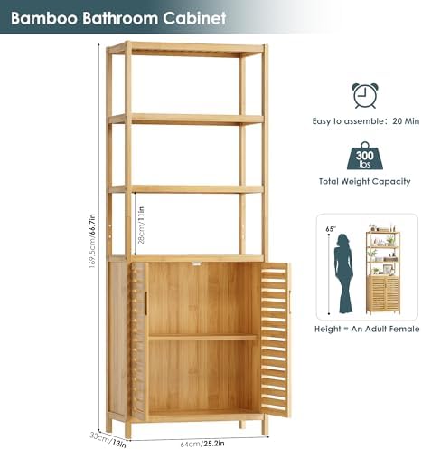 HIFIT 66" Tall Bathroom Storage Cabinet, Natural Bamboo Cabinet, for Narrow