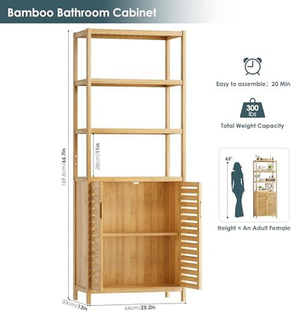 HIFIT 66" Tall Bathroom Storage Cabinet, Natural Bamboo Cabinet, for Narrow