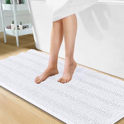 OLANLY Thick Bathroom Runner Rugs 47x24, Soft Chenille Bath Rugs, White