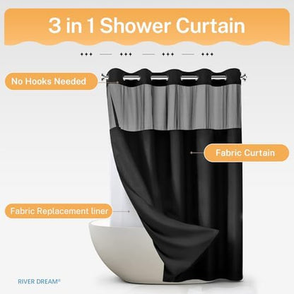 RiverDream Heavyweight Waffle No Hook Shower Curtain with Liner,Black,71x86