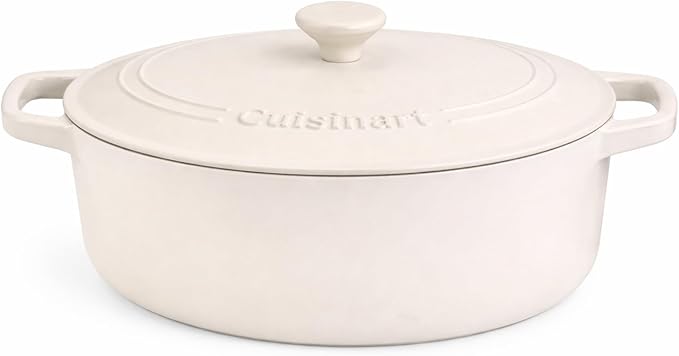 Cuisinart Chef's Classic Enameled Cast Iron Dutch Oven with Lid, Porcelain Enameled Interior, Oven Safe, Induction Compatible, 7-Quart, Oval, Matte Snow White