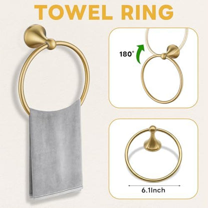 Brushed Gold Bathroom Hardware Set Wall Mounted Gold Accessories Set 4 Pieces Bathroom Hardware Set, 23.6 inch Towel Bar | Towel Hook | Toilet Paper Holder | Hand Towel Holder