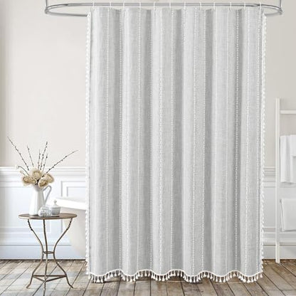 Farmhouse Tassel Linen Shower Curtain,3D Embroidery Stripe Light Grey,72x72