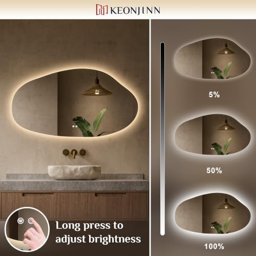 Keonjinn Irregular LED Mirror for Bathroom 55 x 30 Inch, Tempered Glass