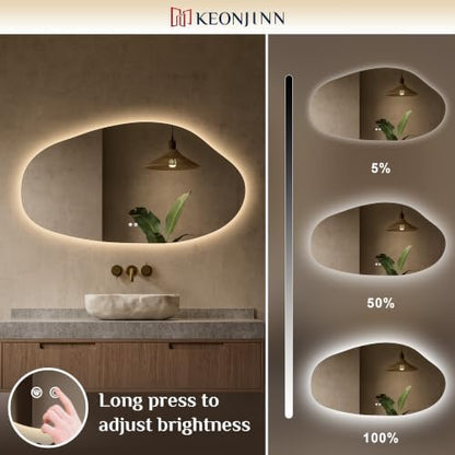 Keonjinn Irregular LED Mirror for Bathroom 55 x 30 Inch, Tempered Glass