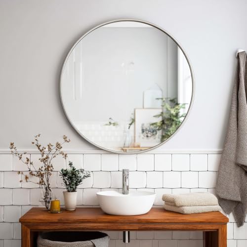 Sunniry Silver Round Mirror 40 inch, Circle Mirror with Brushed Metal Frame