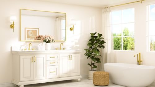 TETOTE Brushed Gold Mirror Beveled Frame 60" x 36" Large Brass Gold Rectangle Bathroom Vanity Wall Mirror for Over Sink, Modern Farmhouse, Tempered Glass, Shatterproof, Stronger Frame